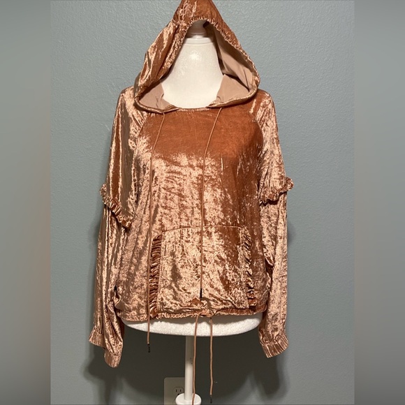 Love Sam Tops - Anthropologie Crushed Velvet Hoodie Pink Gold Ruffle Accents Retro Lounge Large